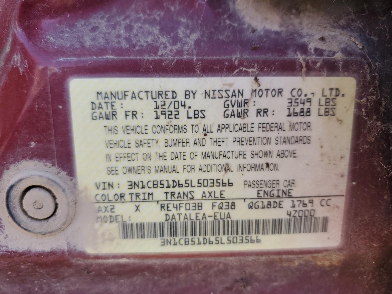 2005 Nissan Sentra 1.8 VIN: 3N1CB51D65L503566 Lot: 85648575