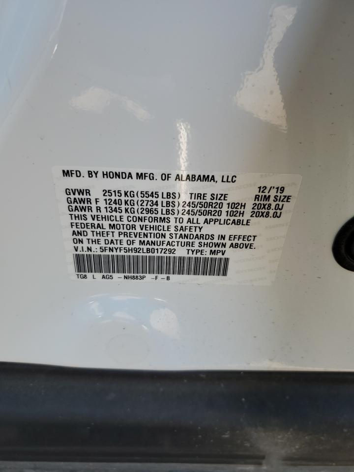 2020 Honda Pilot Touring VIN: 5FNYF5H92LB017292 Lot: 86261195