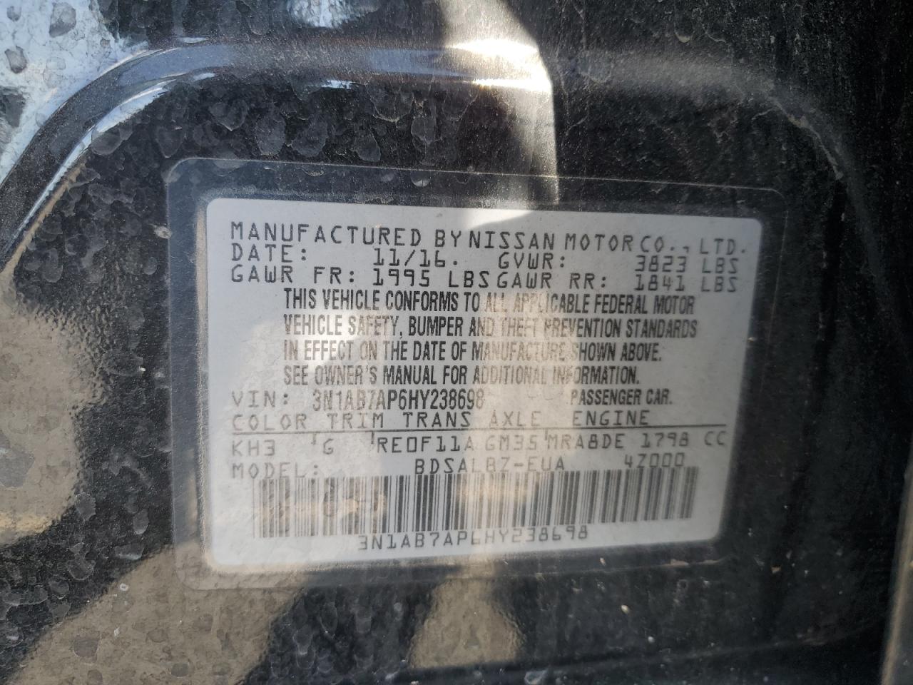 2017 Nissan Sentra S VIN: 3N1AB7AP6HY238698 Lot: 86713955