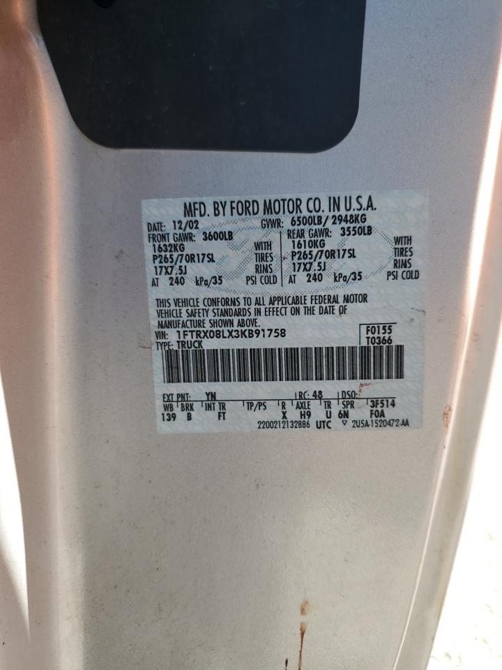 2003 Ford F150 VIN: 1FTRX08LX3KB91758 Lot: 85897075