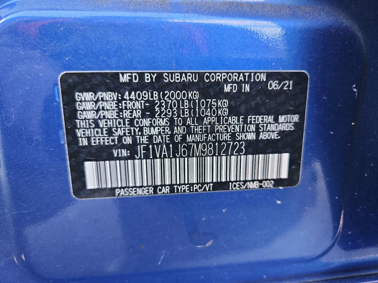 2021 Subaru Wrx Limited VIN: JF1VA1J67M9812723 Lot: 82288365