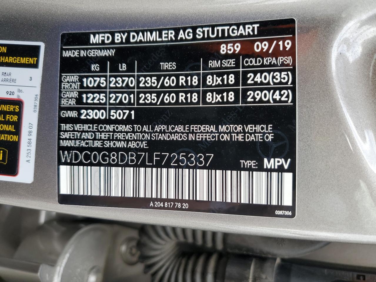 2020 Mercedes-Benz Glc 300 VIN: WDC0G8DB7LF725337 Lot: 86686035