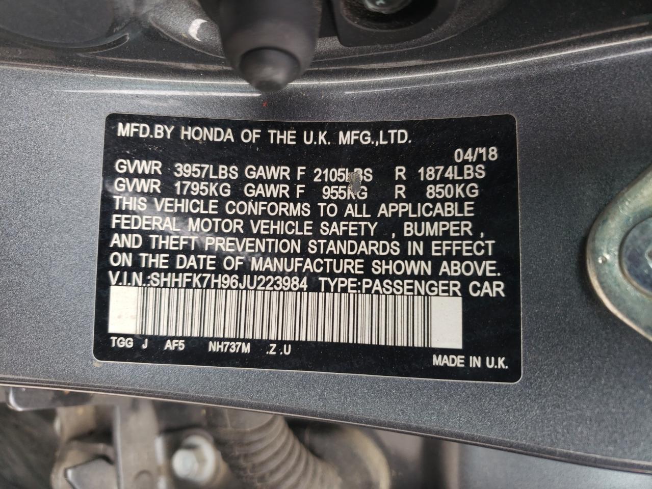 2018 Honda Civic Sport Touring VIN: SHHFK7H96JU223984 Lot: 86252465