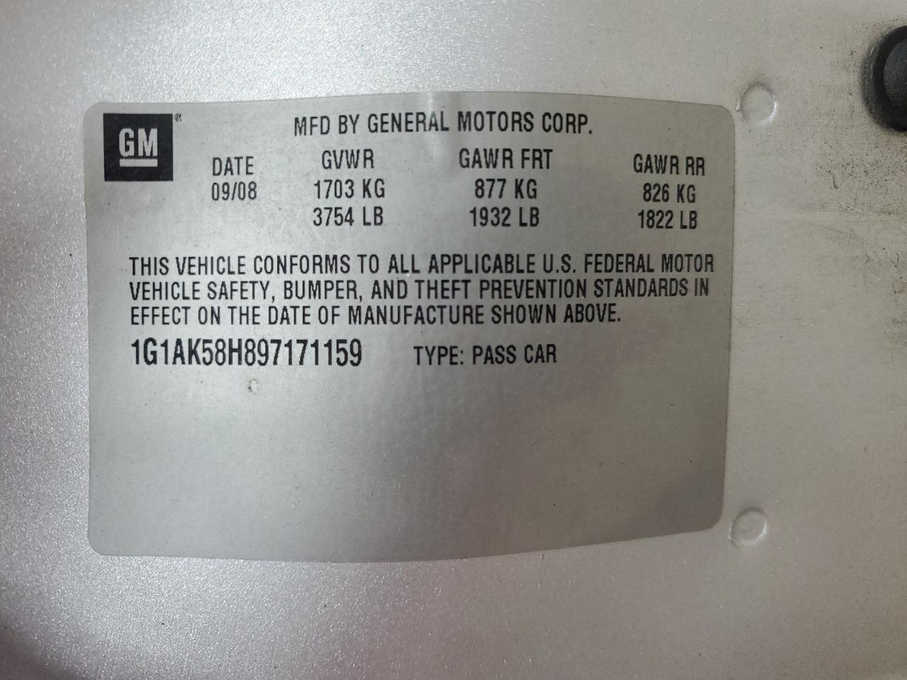 2009 Chevrolet Cobalt Ls VIN: 1G1AK58H897171159 Lot: 87240055