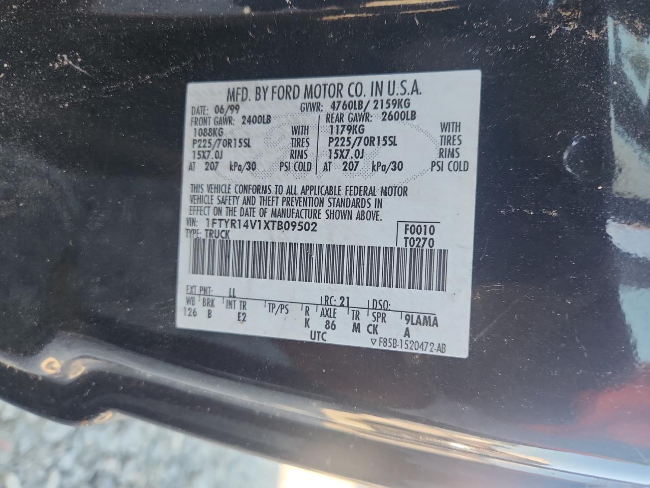 1999 Ford Ranger Super Cab VIN: 1FTYR14V1XTB09502 Lot: 86805795