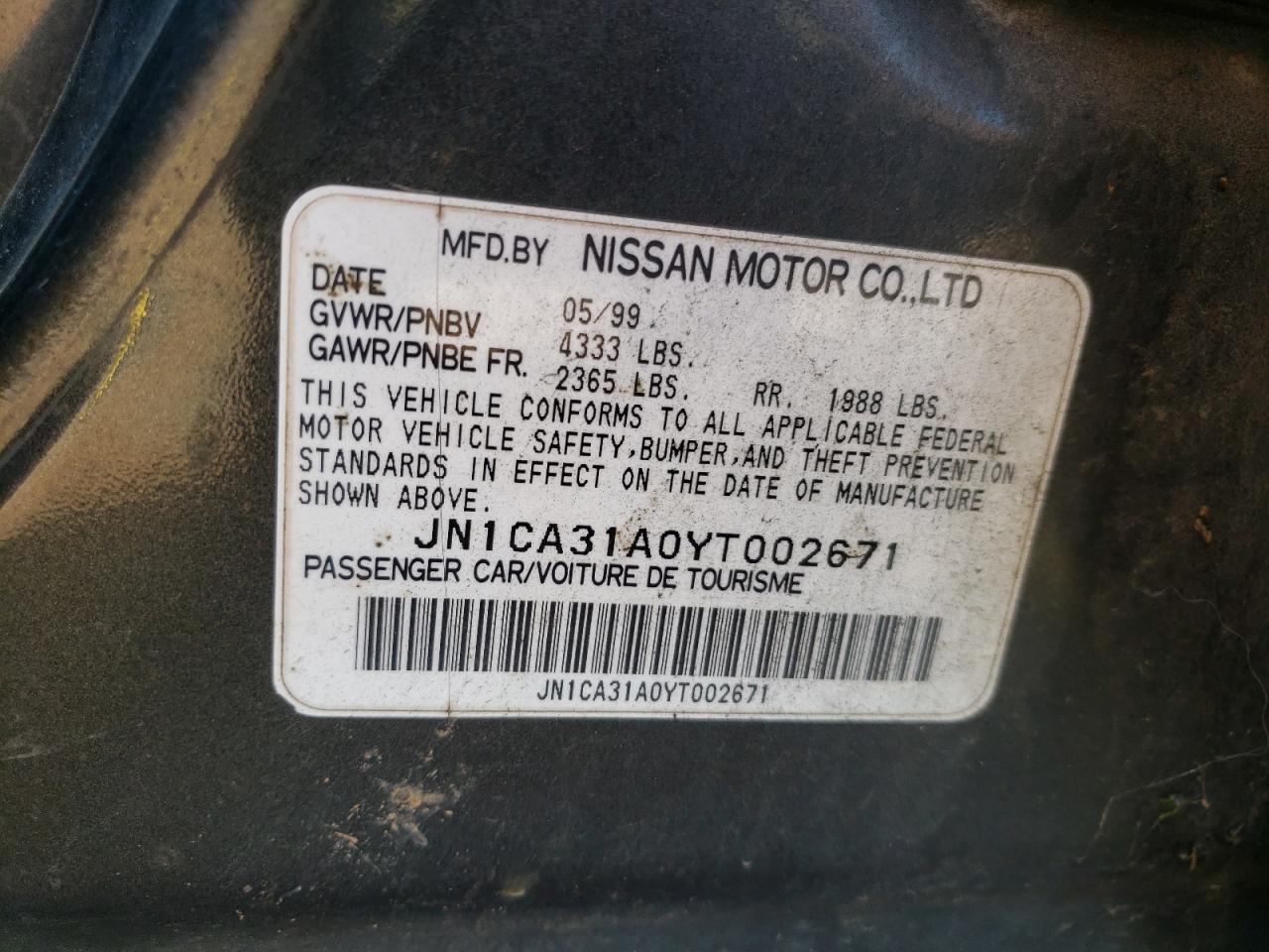 2000 Nissan Maxima Gle VIN: JN1CA31A0YT002671 Lot: 90099215