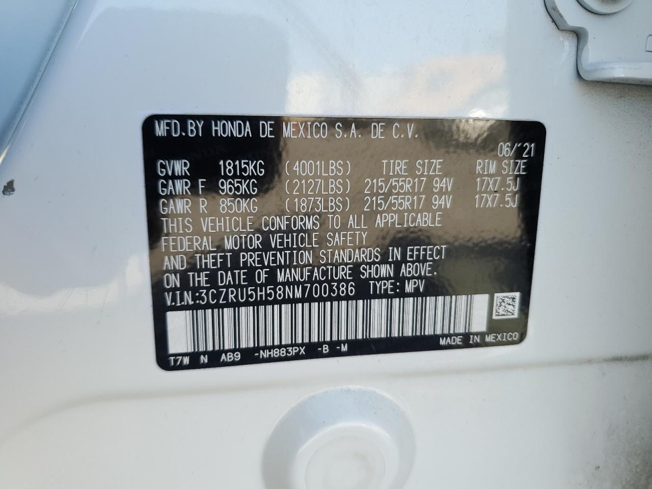 2022 Honda Hr-V Ex VIN: 3CZRU5H58NM700386 Lot: 86692575