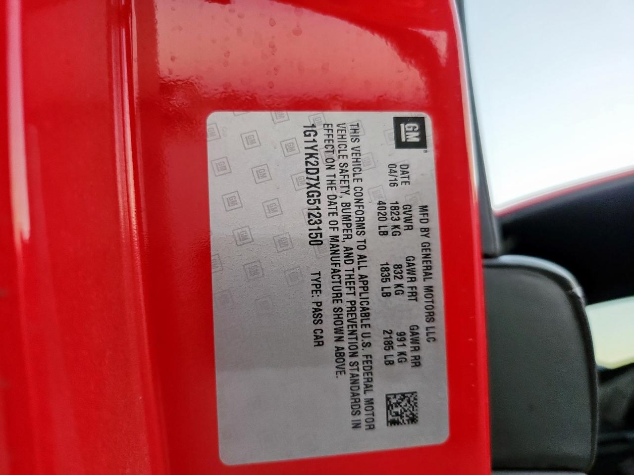 2016 Chevrolet Corvette Stingray Z51 2Lt VIN: 1G1YK2D7XG5123150 Lot: 86305045