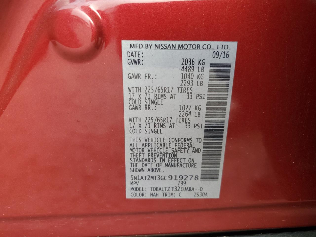 2016 Nissan Rogue S VIN: 5N1AT2MT3GC919278 Lot: 85362685