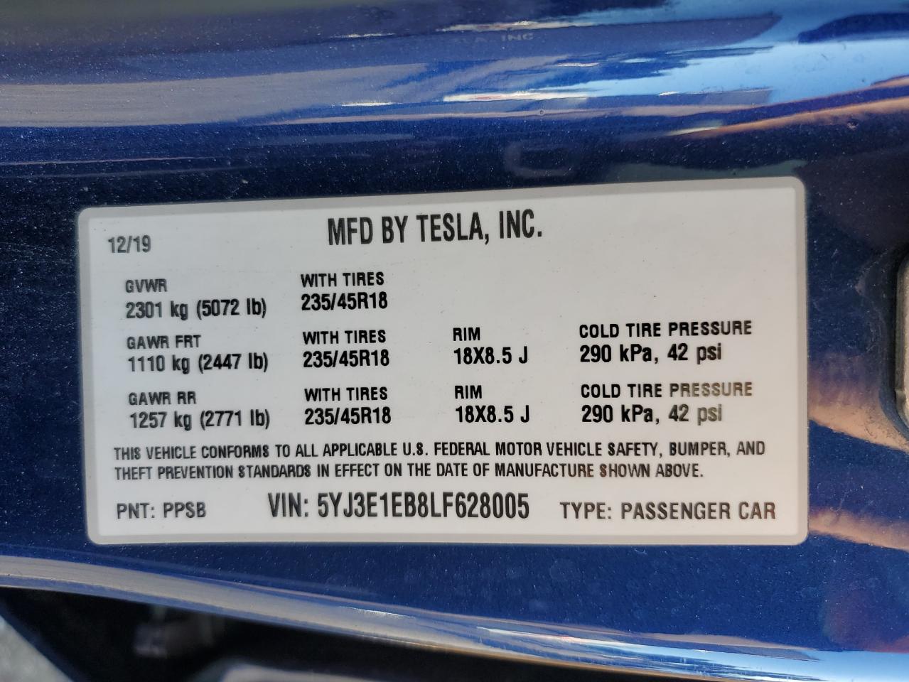 2020 Tesla Model 3 VIN: 5YJ3E1EB8LF628005 Lot: 89501955