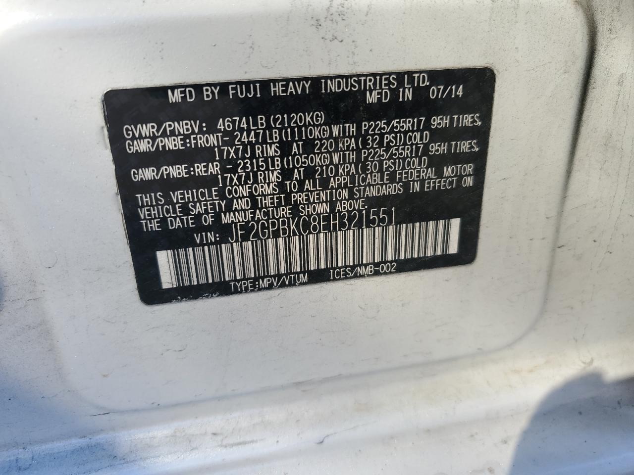 2014 Subaru Xv Crosstrek 2.0I Hybrid Touring VIN: JF2GPBKC8EH321551 Lot: 87410905