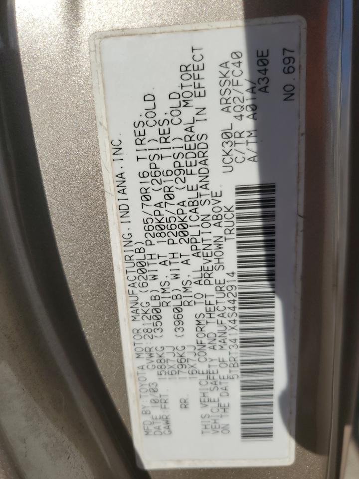 2004 Toyota Tundra Access Cab Sr5 VIN: 5TBRT341X4S442914 Lot: 84641535