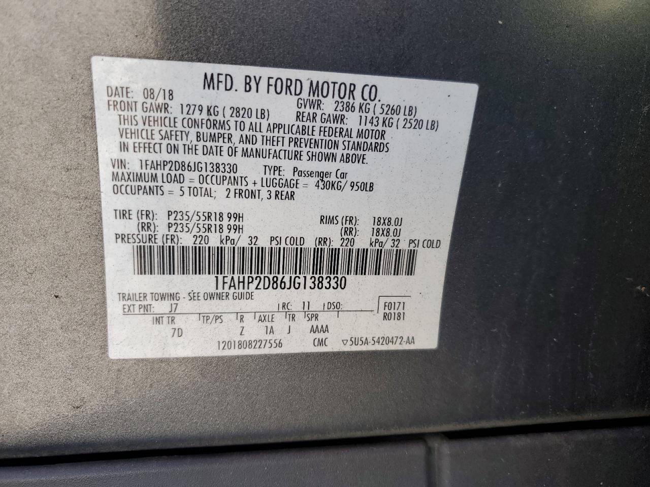 2018 Ford Taurus Se VIN: 1FAHP2D86JG138330 Lot: 89450935