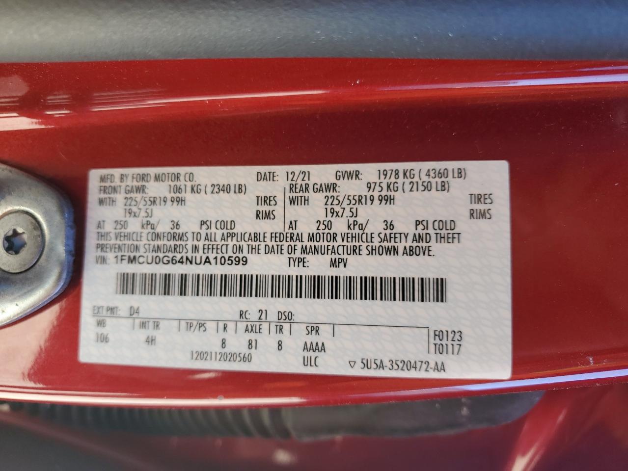 2022 Ford Escape Se VIN: 1FMCU0G64NUA10599 Lot: 87010965