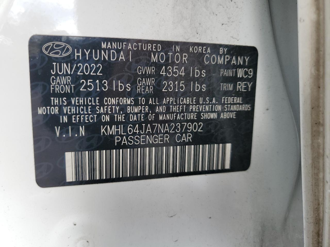 2022 Hyundai Sonata Sel VIN: KMHL64JA7NA237902 Lot: 85847495