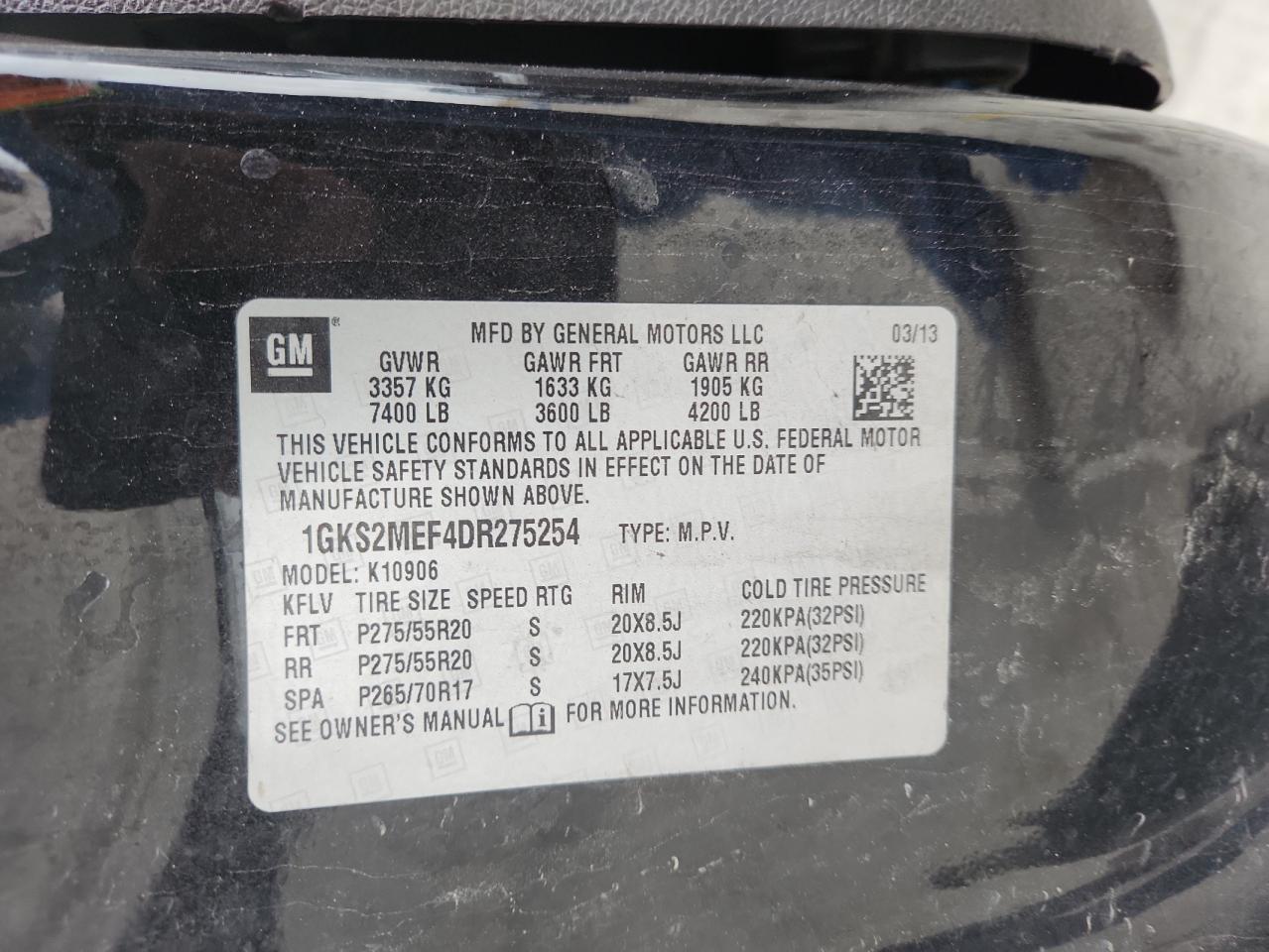 2013 GMC Yukon Xl Denali VIN: 1GKS2MEF4DR275254 Lot: 81961795