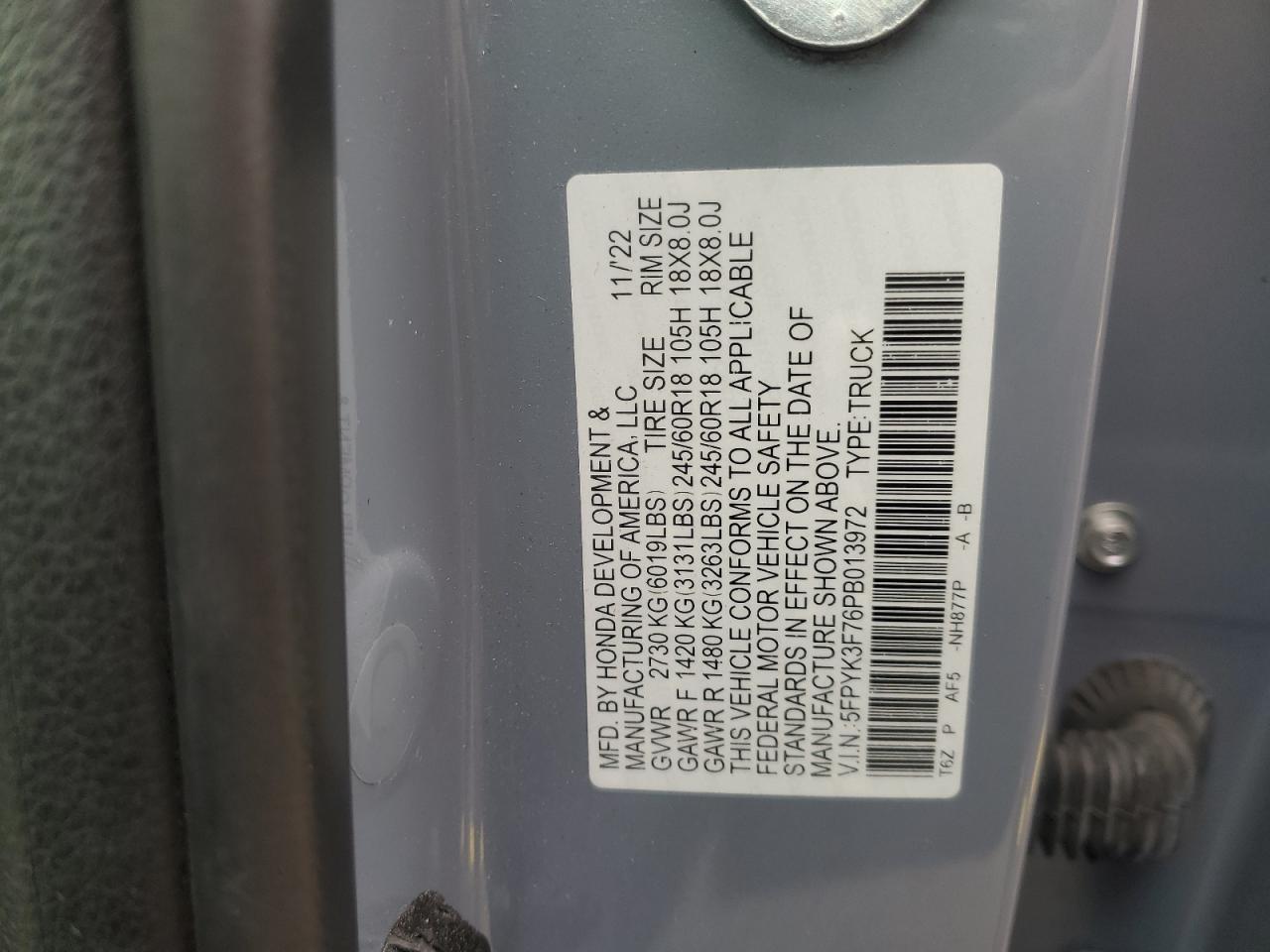 2023 Honda Ridgeline Rtl-E VIN: 5FPYK3F76PB013972 Lot: 87468535