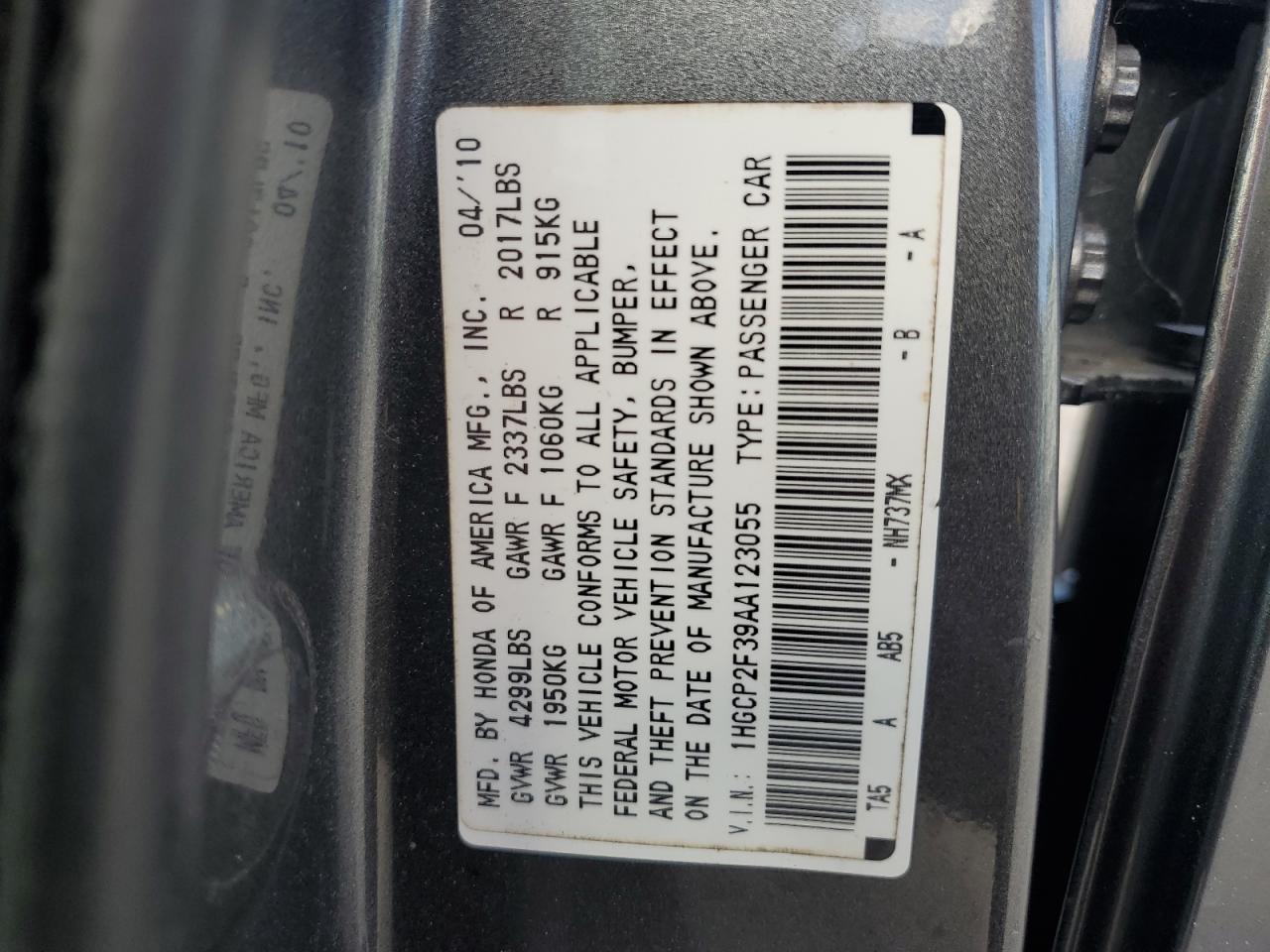 2010 Honda Accord Lx VIN: 1HGCP2F39AA123055 Lot: 86446425