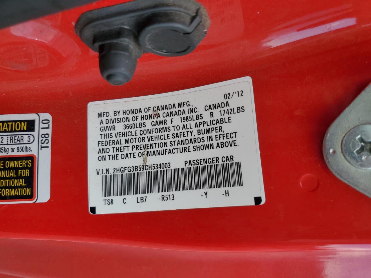 2012 Honda Civic Lx VIN: 2HGFG3B59CH534003 Lot: 85376795