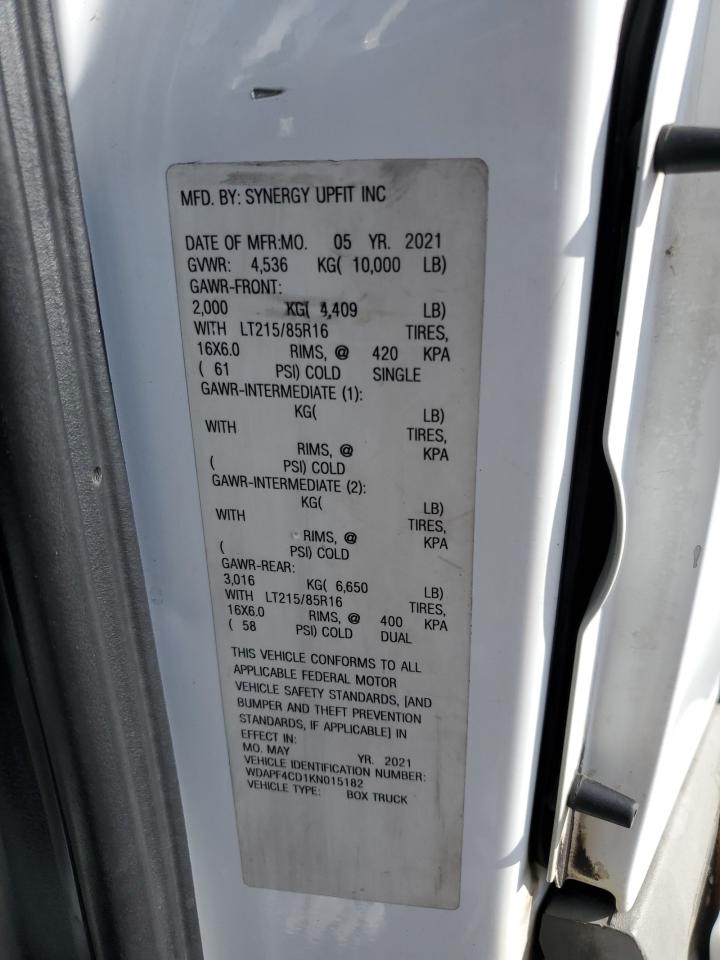 2019 Mercedes-Benz Sprinter 3500/4500 VIN: WDAPF4CD1KN015182 Lot: 85280435