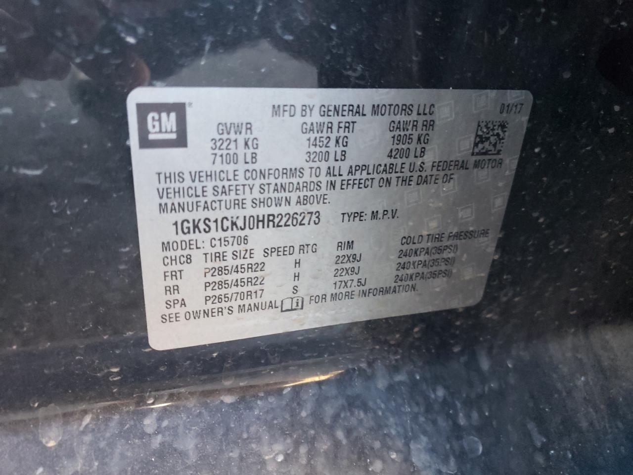 2017 GMC Yukon Denali VIN: 1GKS1CKJ0HR226273 Lot: 87438365