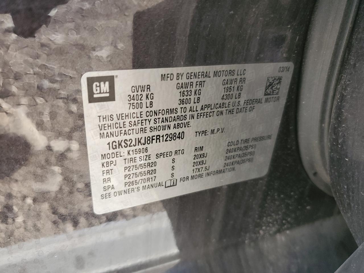 2015 GMC Yukon Xl Denali VIN: 1GKS2JKJ8FR129840 Lot: 90517175