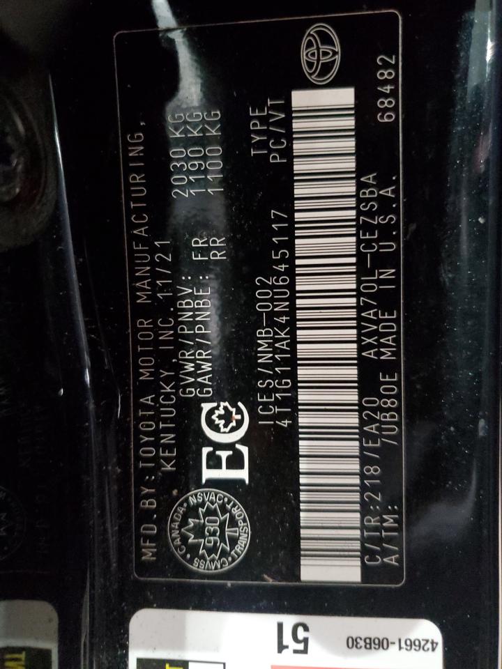 2022 Toyota Camry Se VIN: 4T1G11AK4NU645117 Lot: 84011885