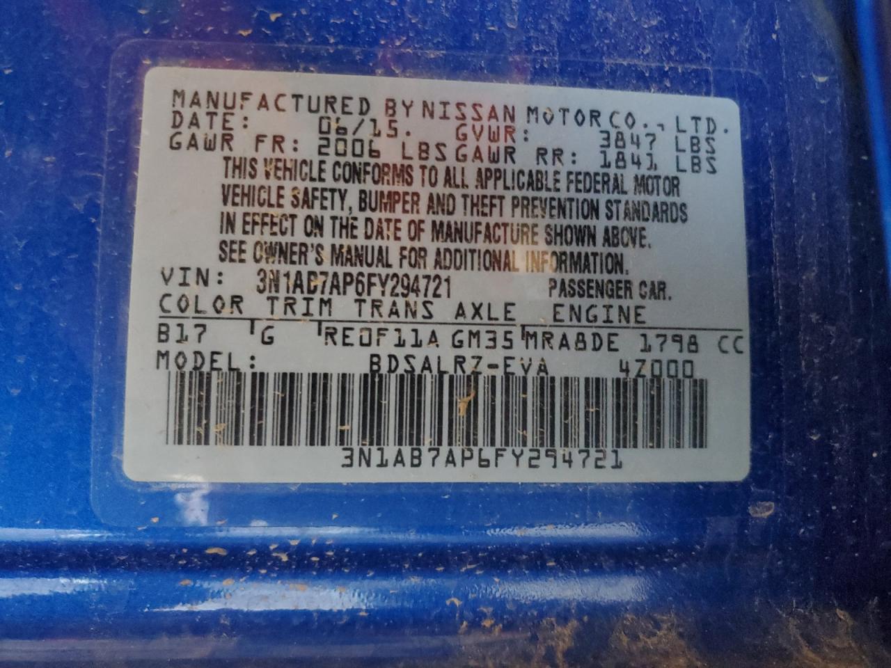 2015 Nissan Sentra S VIN: 3N1AB7AP6FY294721 Lot: 87441115