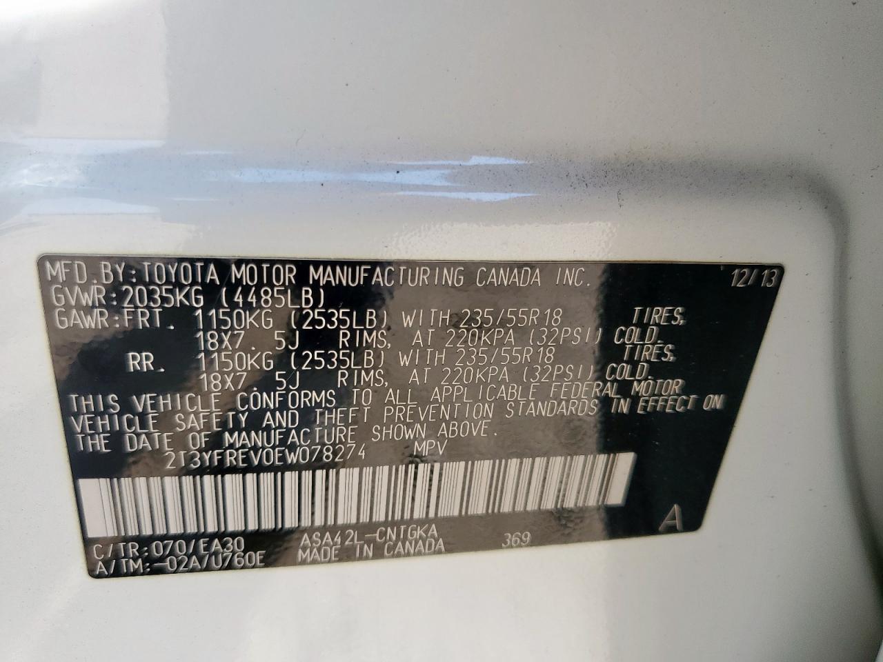 2014 Toyota Rav4 Limited VIN: 2T3YFREV0EW078274 Lot: 85094515