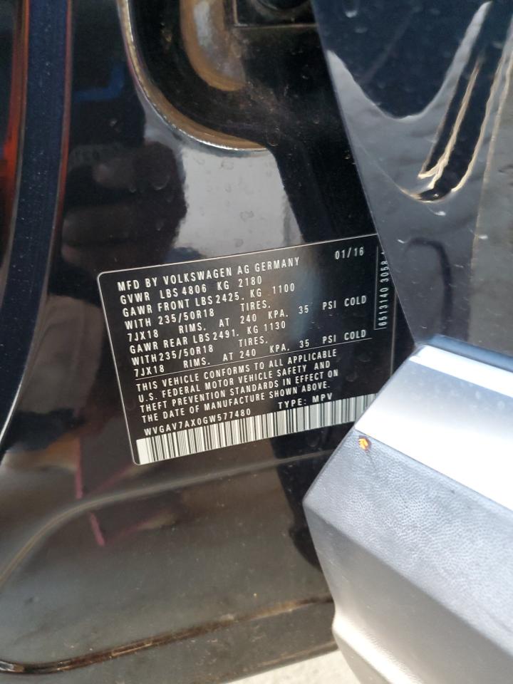 2016 Volkswagen Tiguan S VIN: WVGAV7AX0GW577480 Lot: 85587935