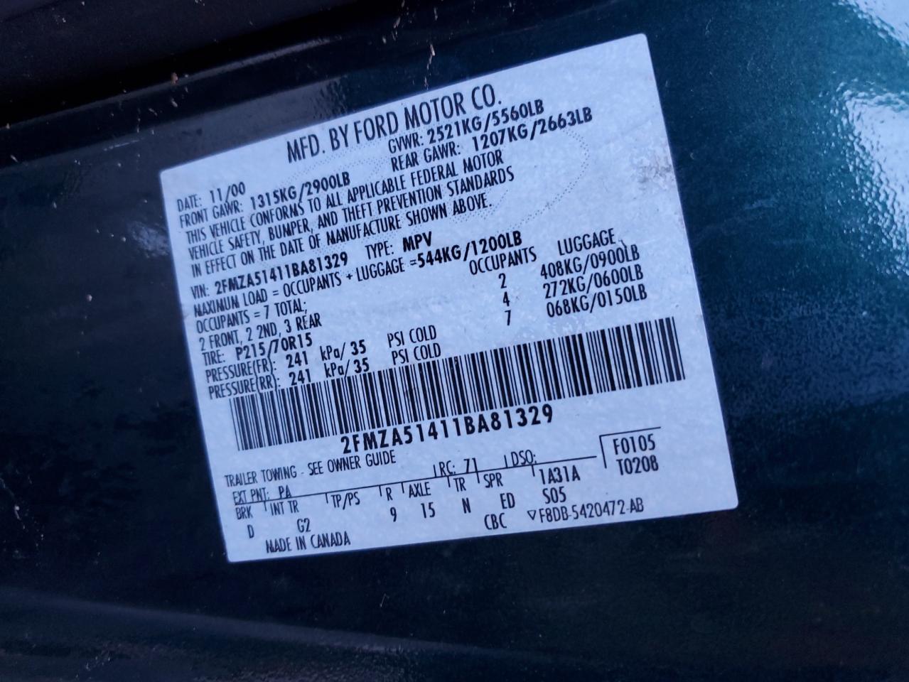 2001 Ford Windstar Lx VIN: 2FMZA51411BA81329 Lot: 82209695