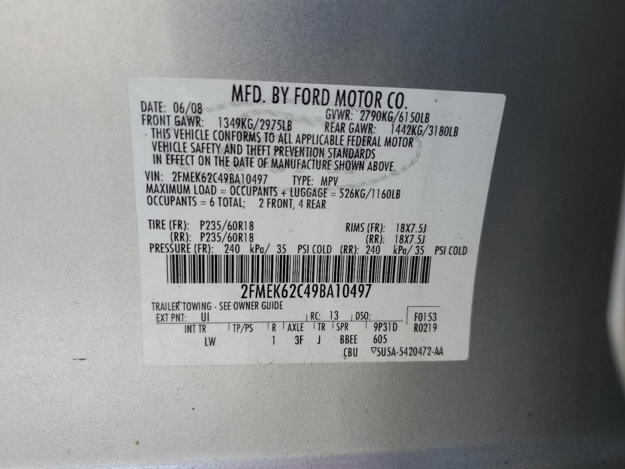 2009 Ford Flex Sel VIN: 2FMEK62C49BA10497 Lot: 86691275