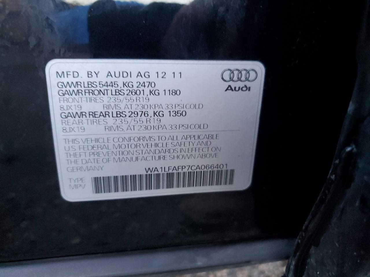 2012 Audi Q5 Premium Plus VIN: WA1LFAFP7CA066401 Lot: 82308065