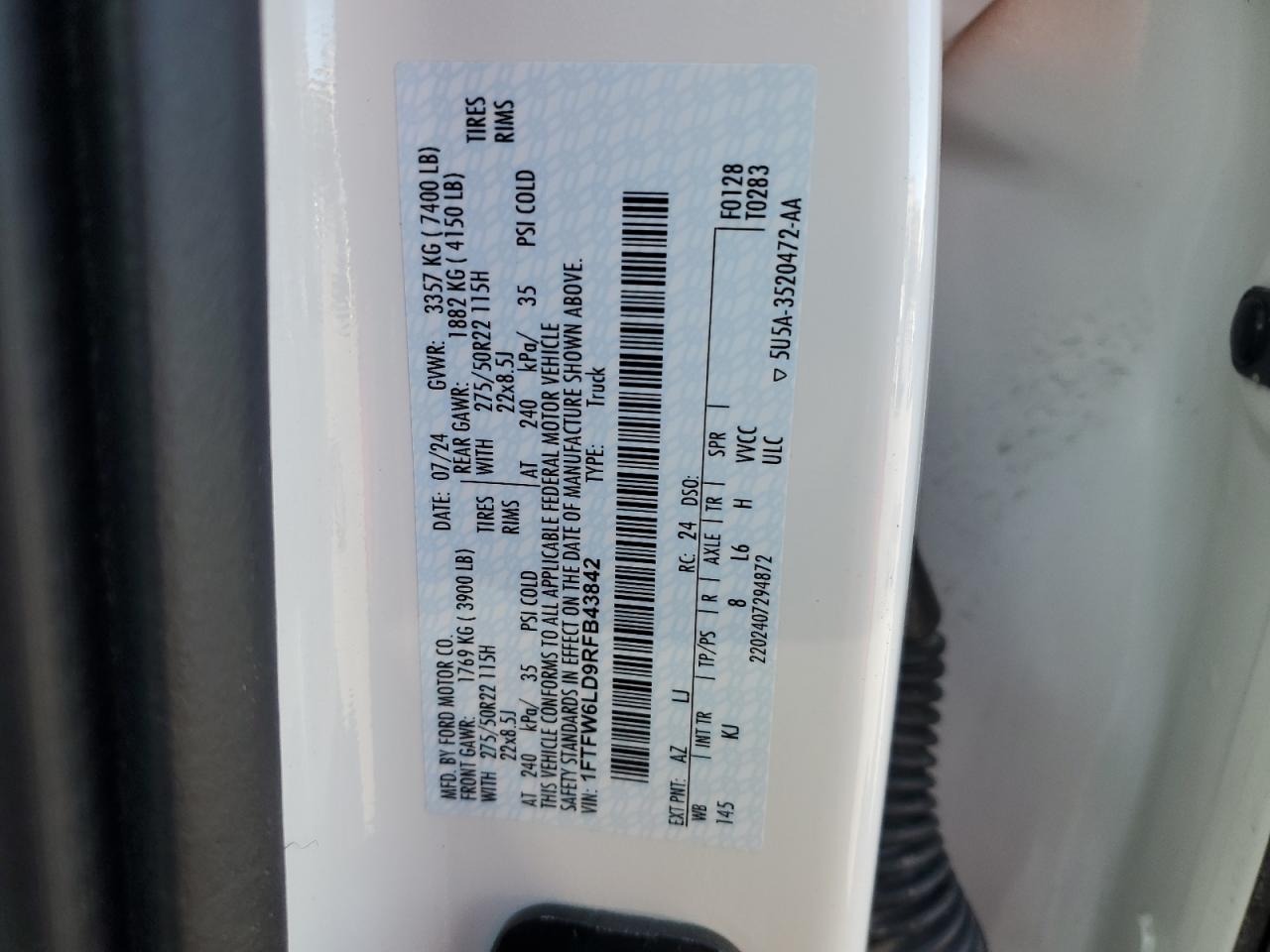 2024 Ford F150 King Ranch VIN: 1FTFW6LD9RFB43842 Lot: 84395215