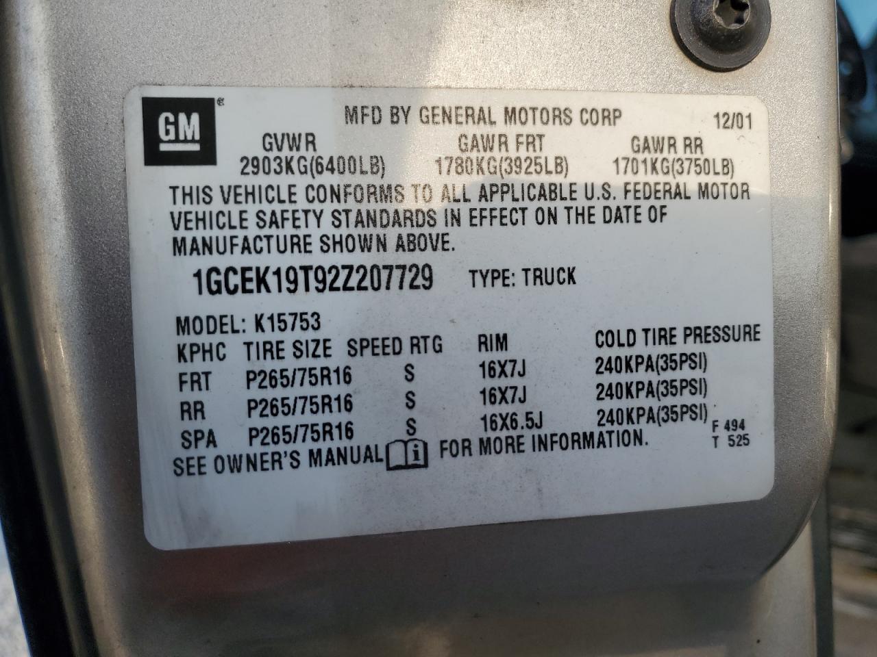 2002 Chevrolet Silverado K1500 VIN: 1GCEK19T92Z207729 Lot: 84877405