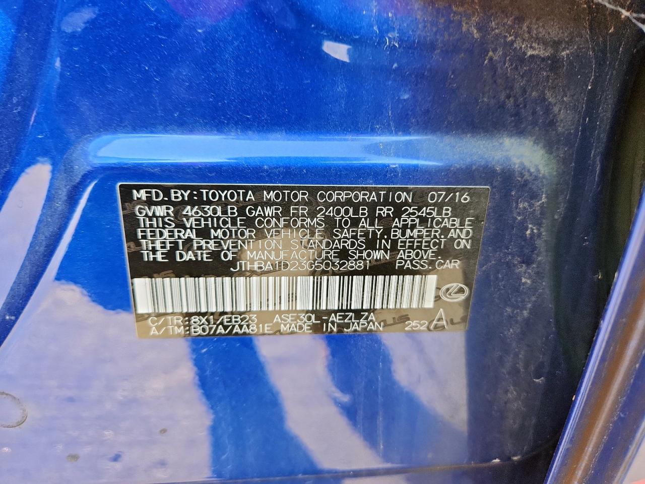 2016 Lexus Is 200T VIN: JTHBA1D23G5032881 Lot: 84983185