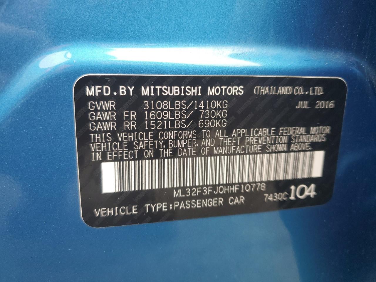 2017 Mitsubishi Mirage G4 Es VIN: ML32F3FJ0HHF10778 Lot: 82492845
