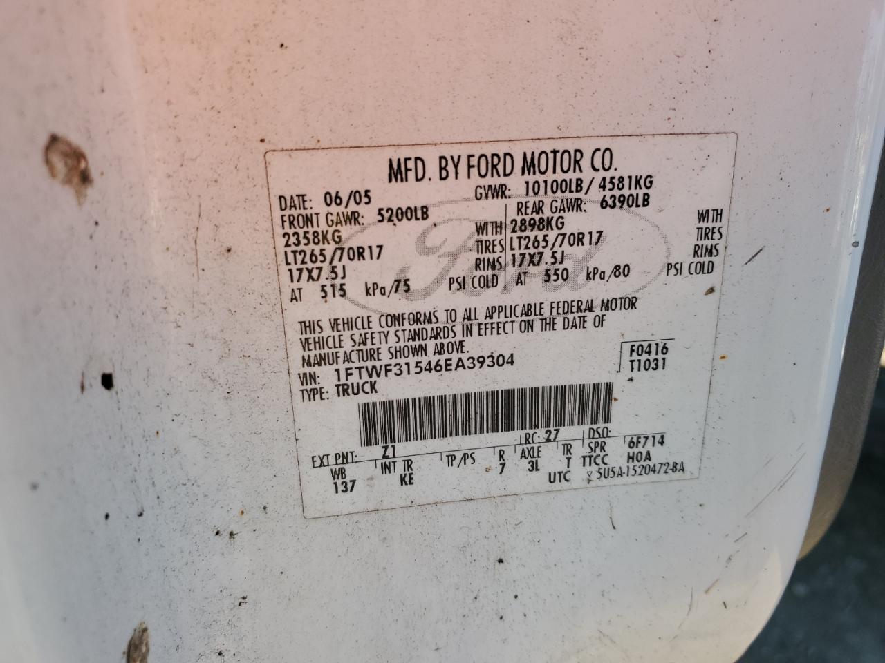 2006 Ford F350 Srw Super Duty VIN: 1FTWF31546EA39304 Lot: 82218085
