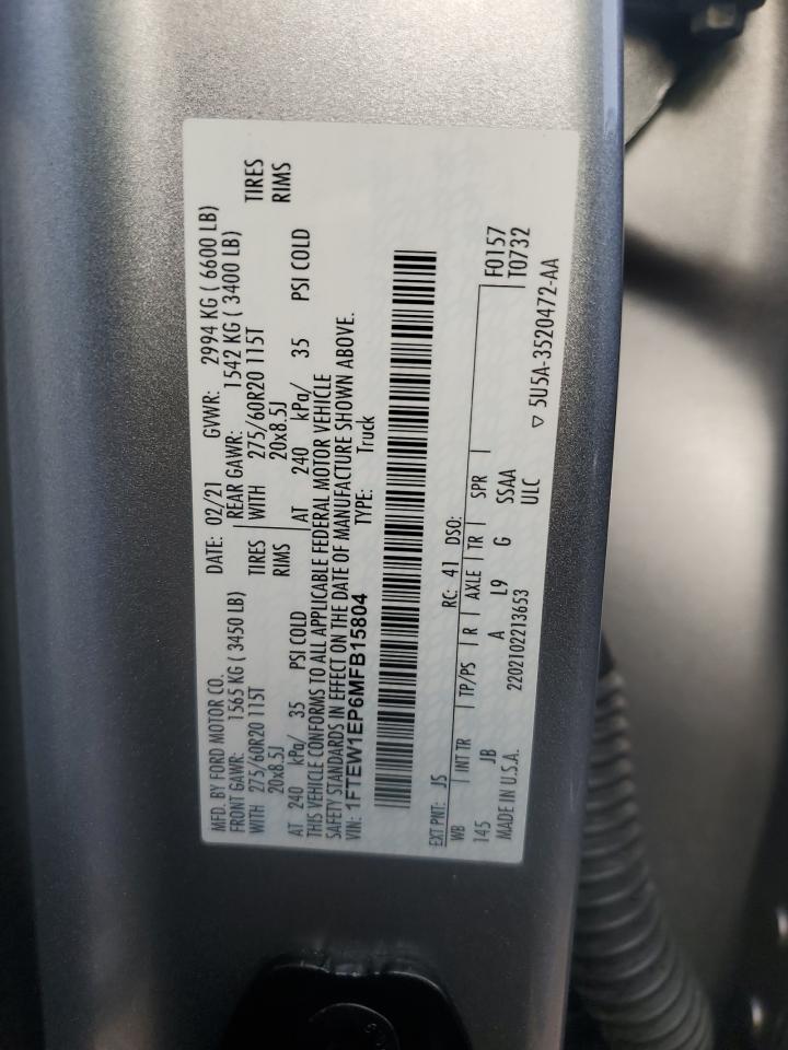 2021 Ford F150 Supercrew VIN: 1FTEW1EP6MFB15804 Lot: 86060545