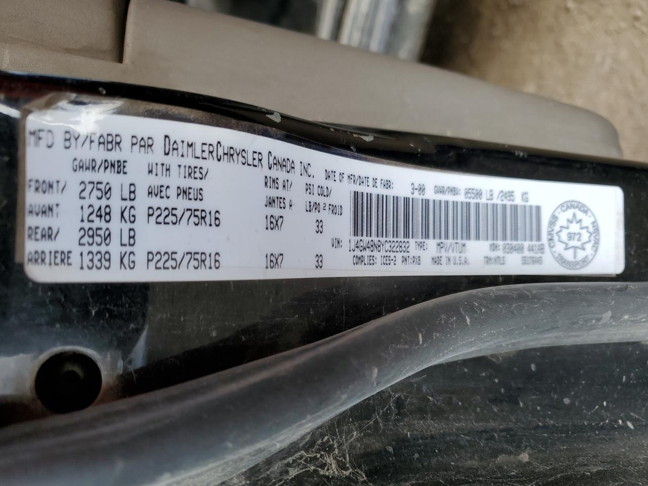 2000 Jeep Grand Cherokee Laredo VIN: 1J4GW48N8YC322832 Lot: 85503945