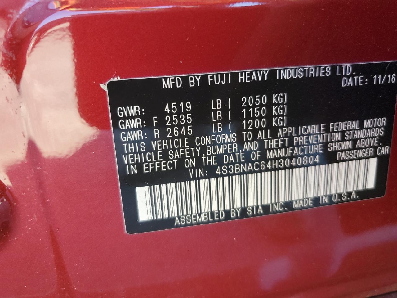 2017 Subaru Legacy 2.5I Premium VIN: 4S3BNAC64H3040804 Lot: 89697625