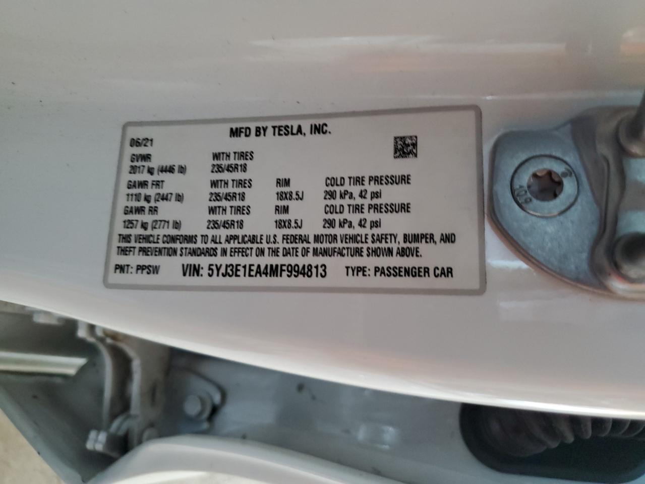 2021 Tesla Model 3 VIN: 5YJ3E1EA4MF994813 Lot: 85730885