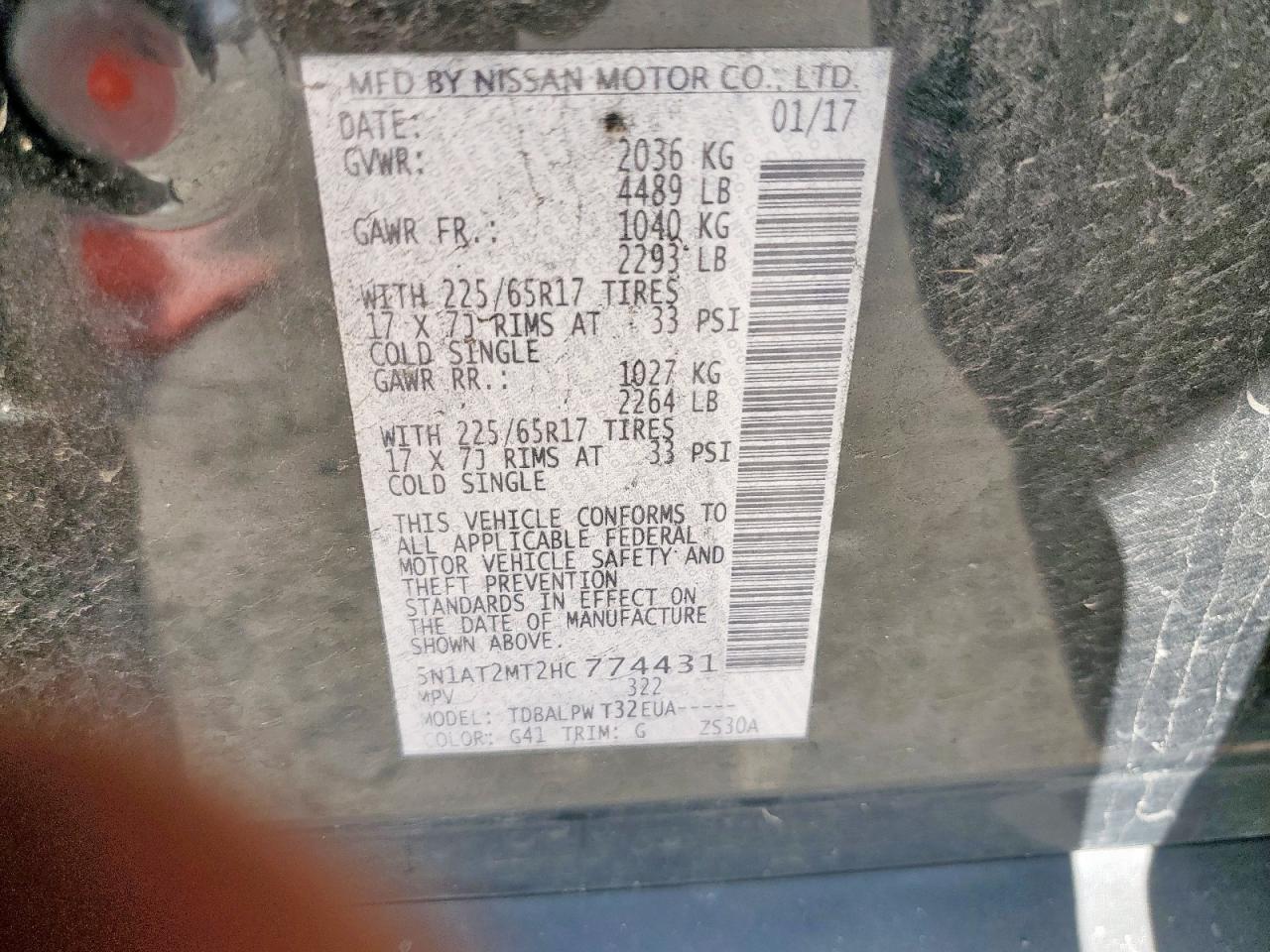 2017 Nissan Rogue S VIN: 5N1AT2MT2HC774431 Lot: 82290585