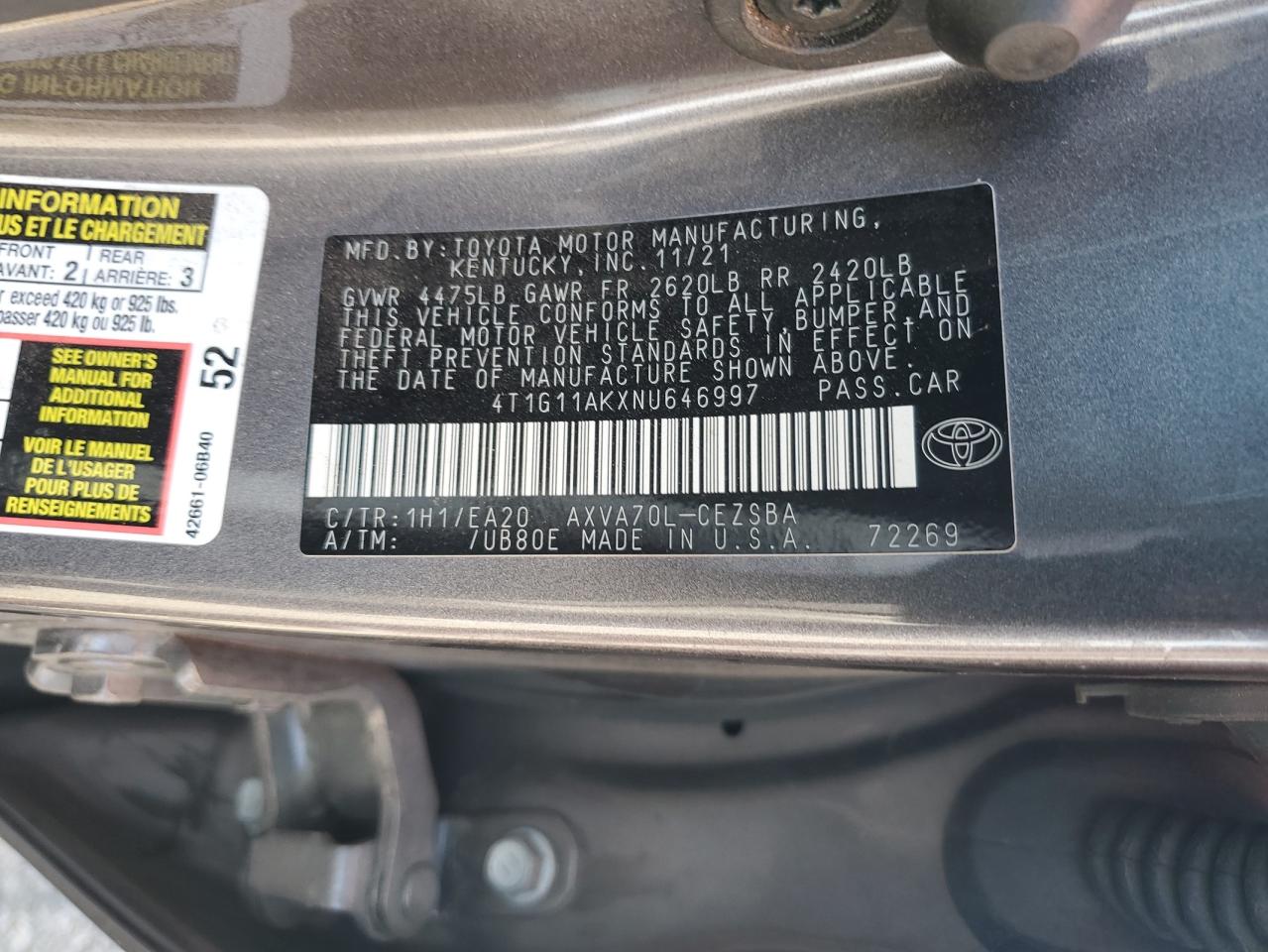 2022 Toyota Camry Se VIN: 4T1G11AKXNU646997 Lot: 84061255