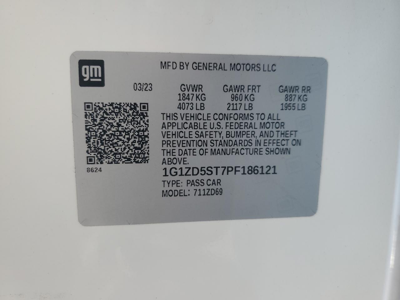 2023 Chevrolet Malibu Lt VIN: 1G1ZD5ST7PF186121 Lot: 87100315