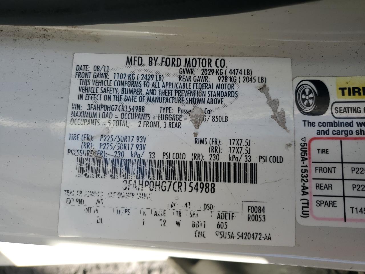 2012 Ford Fusion Se VIN: 3FAHP0HG7CR154988 Lot: 89444275