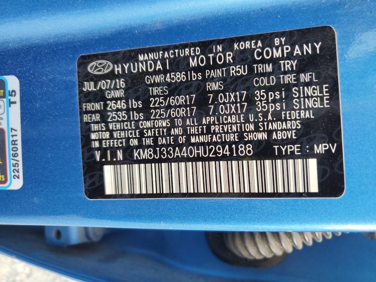 2017 Hyundai Tucson Limited VIN: KM8J33A40HU294188 Lot: 82421995