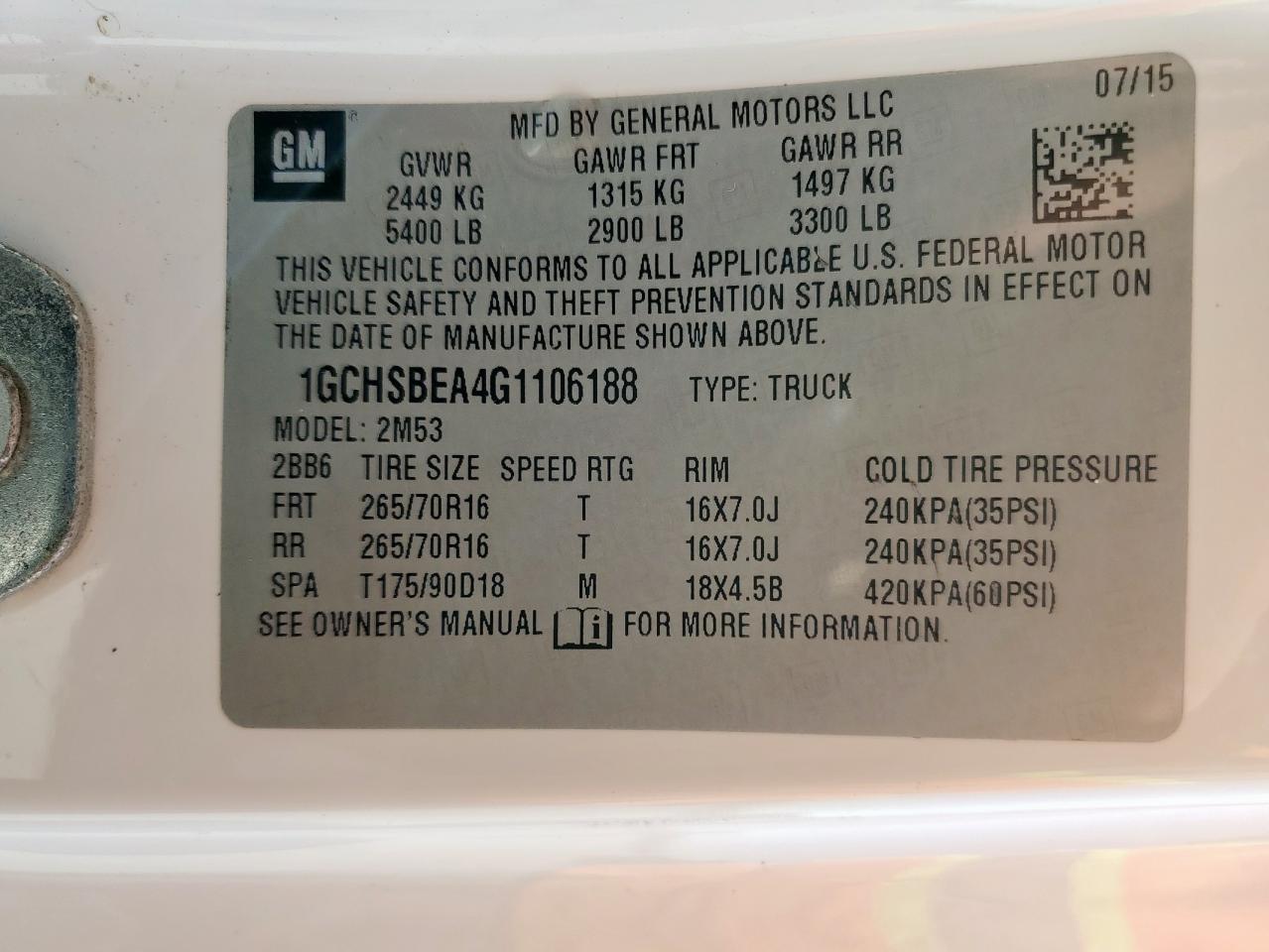 2016 Chevrolet Colorado VIN: 1GCHSBEA4G1106188 Lot: 85149695