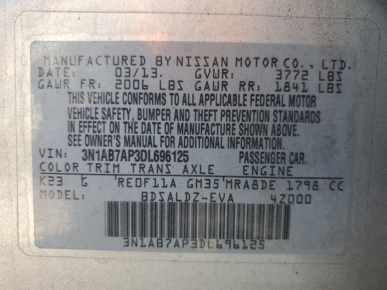 2013 Nissan Sentra S VIN: 3N1AB7AP3DL696125 Lot: 84371745