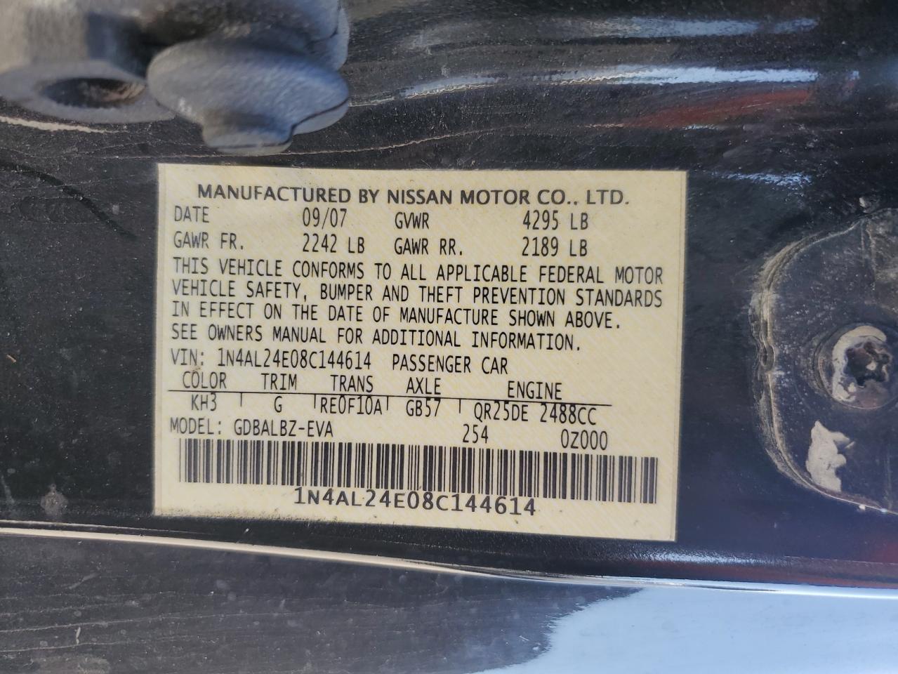 2008 Nissan Altima 2.5S VIN: 1N4AL24E08C144614 Lot: 82260355